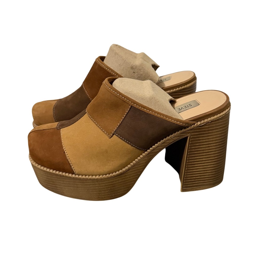 VTG Y2K Steve Madden Patchwork Platform Mules Size 7 Brown Leather Square Toe